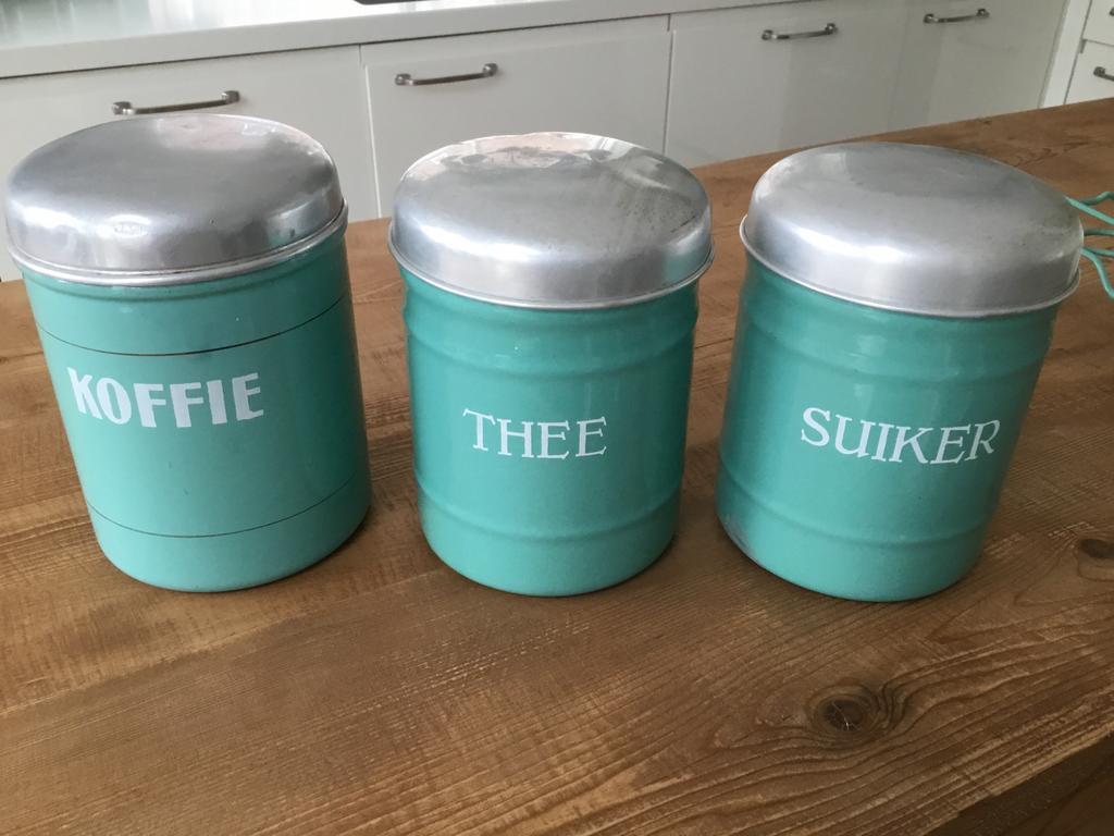 Emaille mint groene bussenset koffie thee suiker, Ophalen of Verzenden