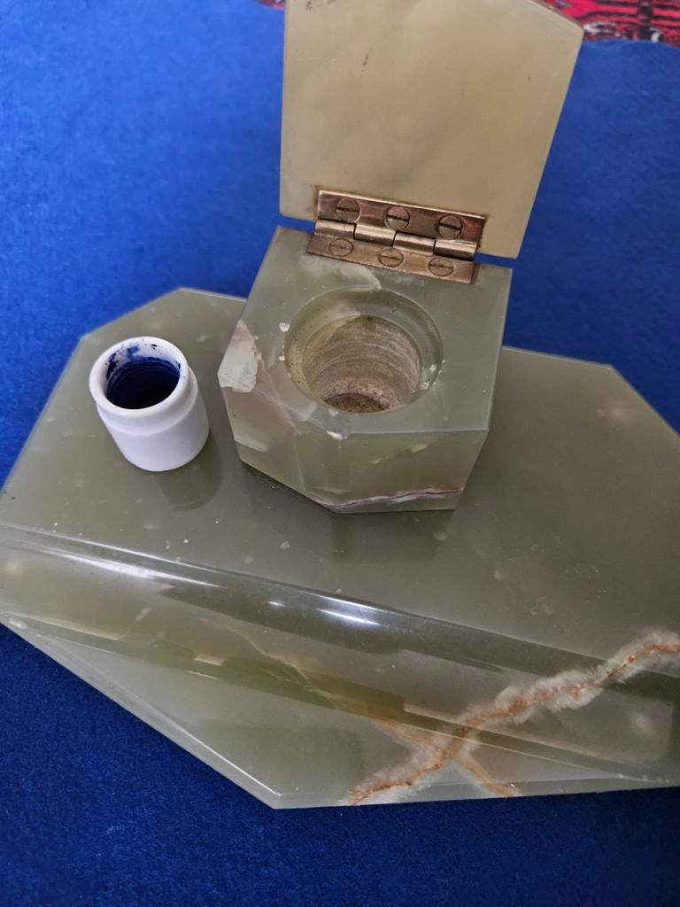 Vintage Onyx Inktstel - Groen Marmeren Bureau Accessoire, Antiek en Kunst, Ophalen