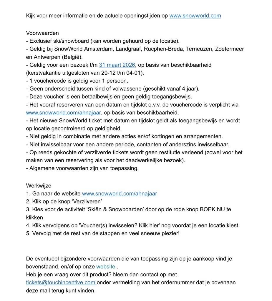 2 kaartjes voor snowworld geldig tm 31 maart, Tickets en Kaartjes, Twee personen, Maart
