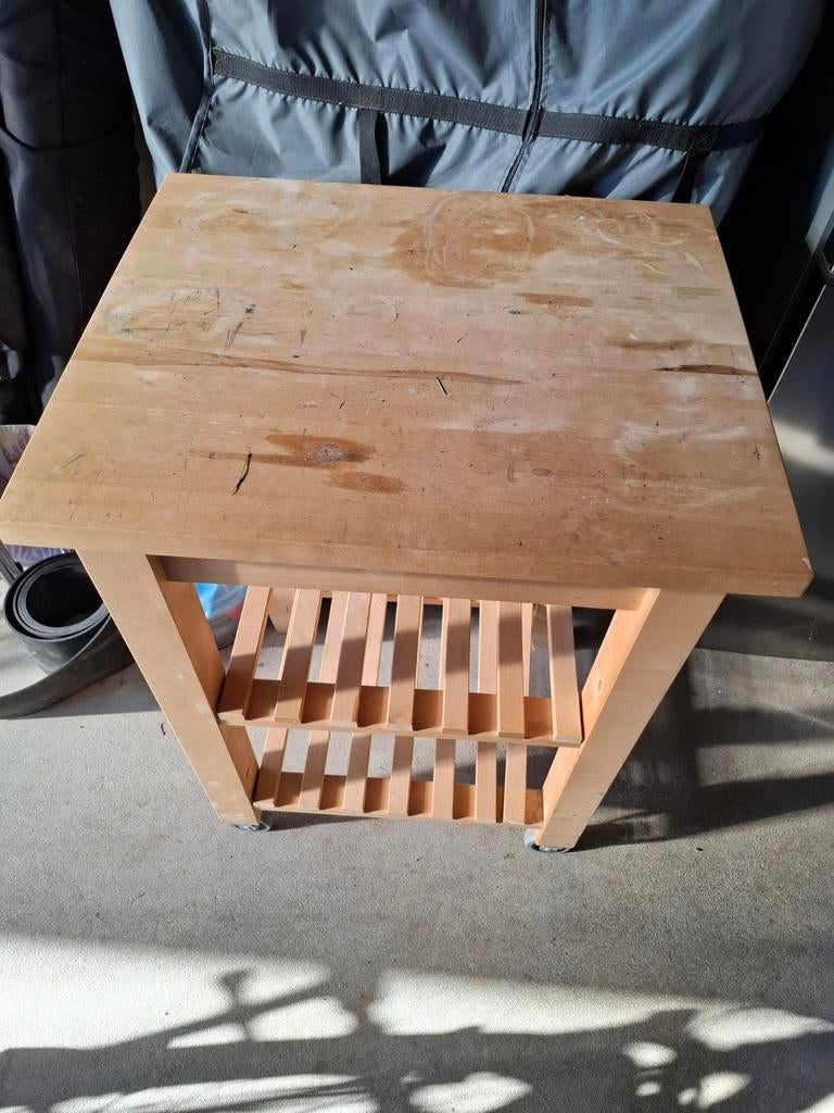 Houten bijzettafel op wielen met opbergruimte, Minder dan 55 cm, Gebruikt, Vierkant, Hout