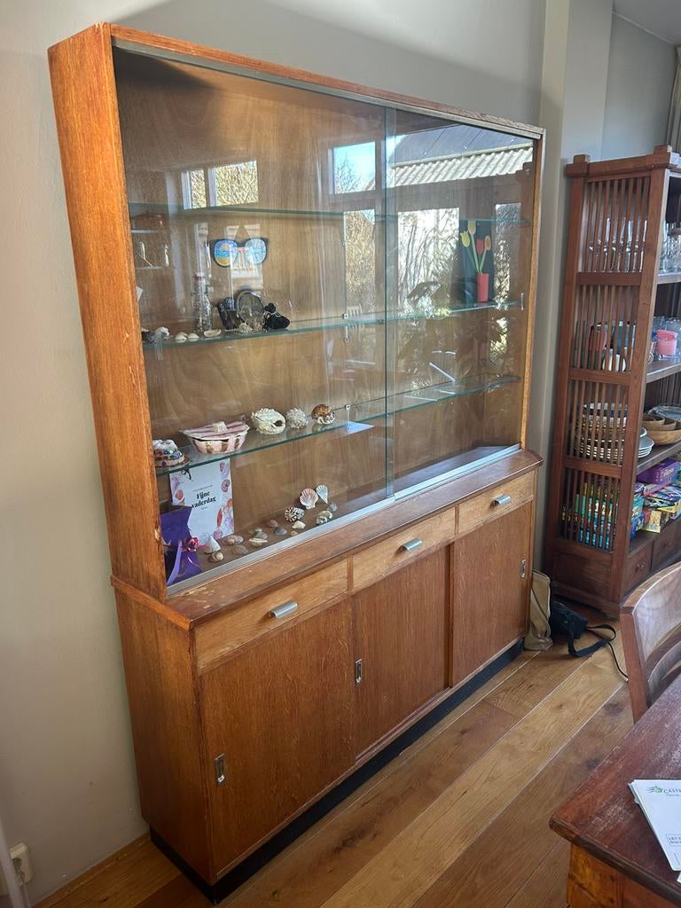 Prachtige antieke vitrine (teakfineer) - retro/vintage look, Ophalen, Gebruikt, Met deur(en), 200 cm of meer