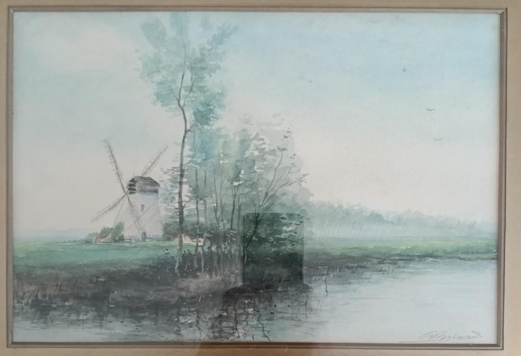 Polderlandschap met molen aan de vaart - 1900 - Gesigneerd, Ophalen of Verzenden