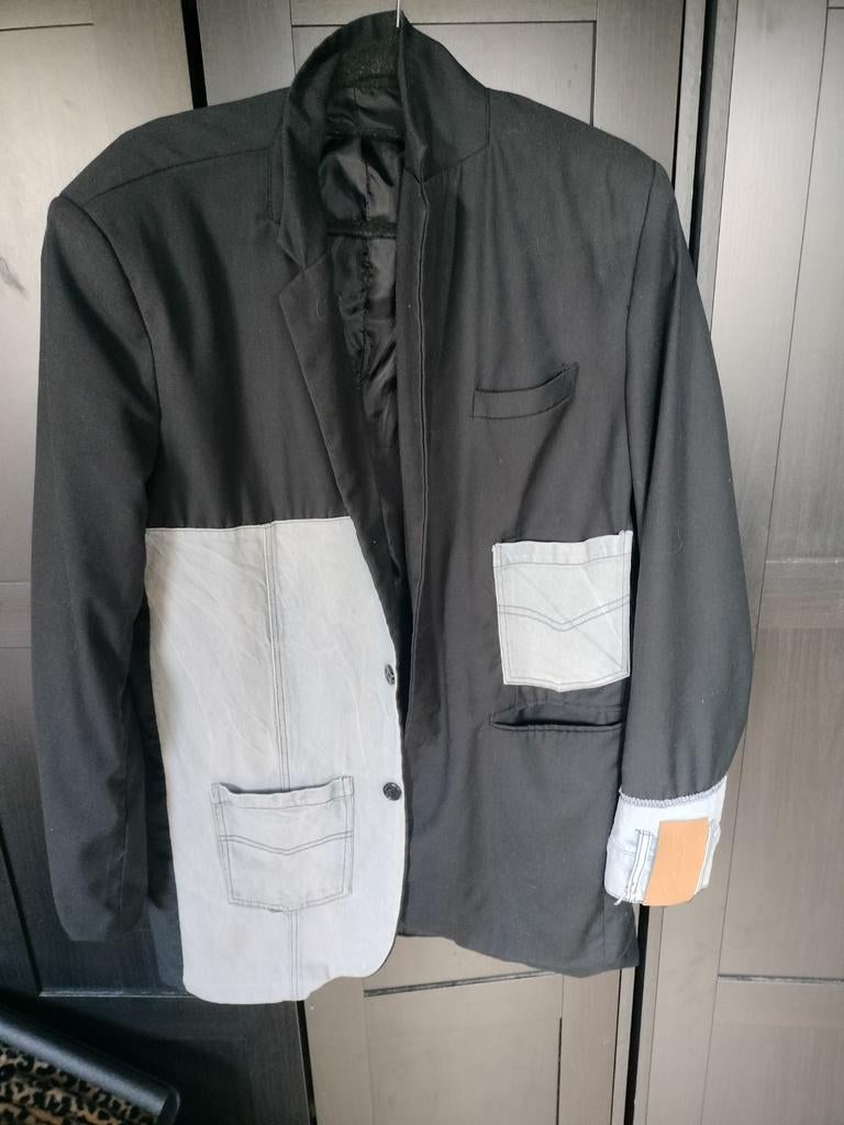 Priority Blazer Maat L - Uniek Design met Denim Details, Zwart, Maat 42/44 (L), Gedragen, Priority