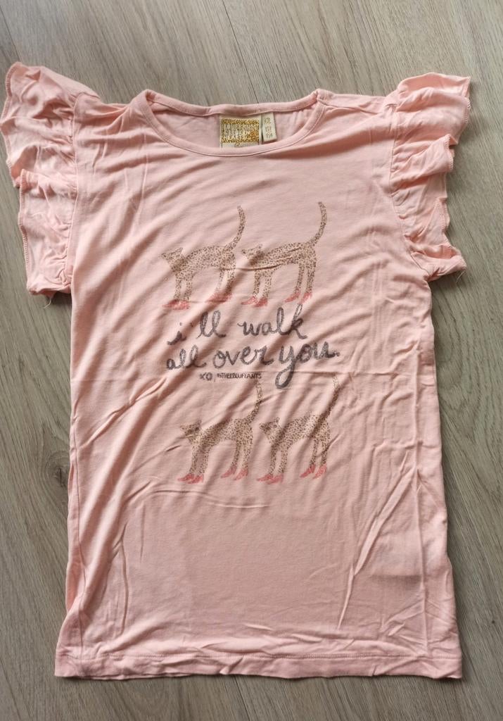 Roze T-shirt met kattenprint en ruches maat 152/158, Meisje, Ophalen of Verzenden, Zo goed als nieuw, Shirt of Longsleeve