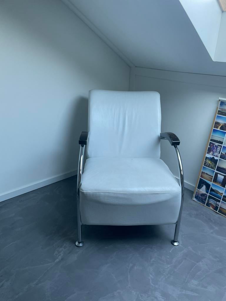 Comfortabele leren fauteuil - Wit, Ophalen, Gebruikt, Leer, 75 tot 100 cm