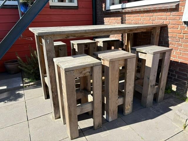 Robuust tuinstel (hoog), Tuin en Terras, Ophalen of Verzenden, Gebruikt, Steigerhout, 8 zitplaatsen