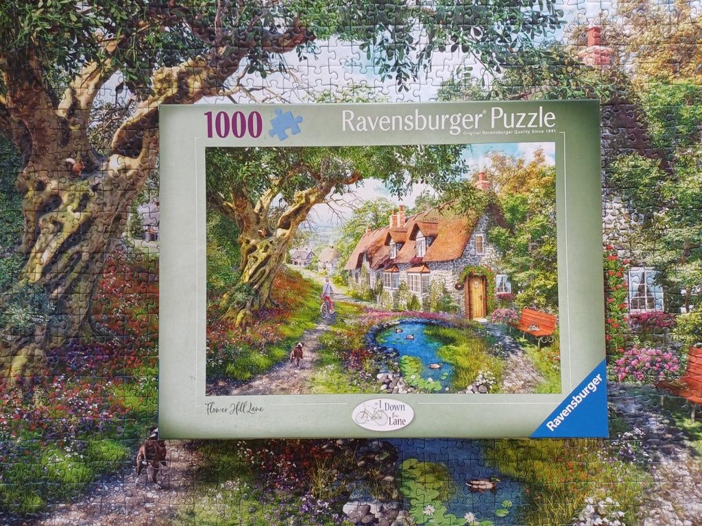 Puzzel 1000 stukjes Flower Hill lane, Ravensburger, Ophalen of Verzenden, 500 t/m 1500 stukjes, Zo goed als nieuw, Legpuzzel