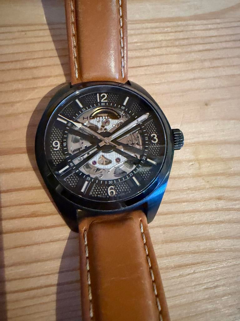 Hamilton Khaki Field Skeleton Auto, Ophalen, Zo goed als nieuw, Leer, Overige merken