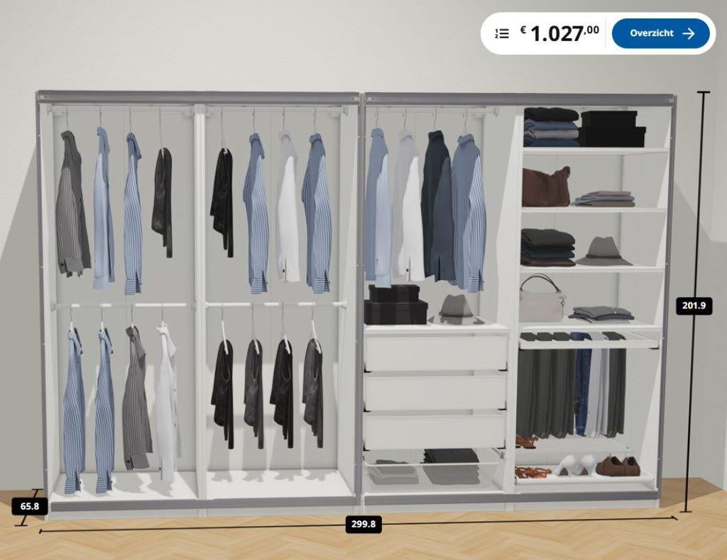 IKEA PAX Kledingkast 300x58x201 - €625 – Bezorgen & Montage, Huis en Inrichting, Kasten | Kledingkasten, Gebruikt, 200 cm of meer