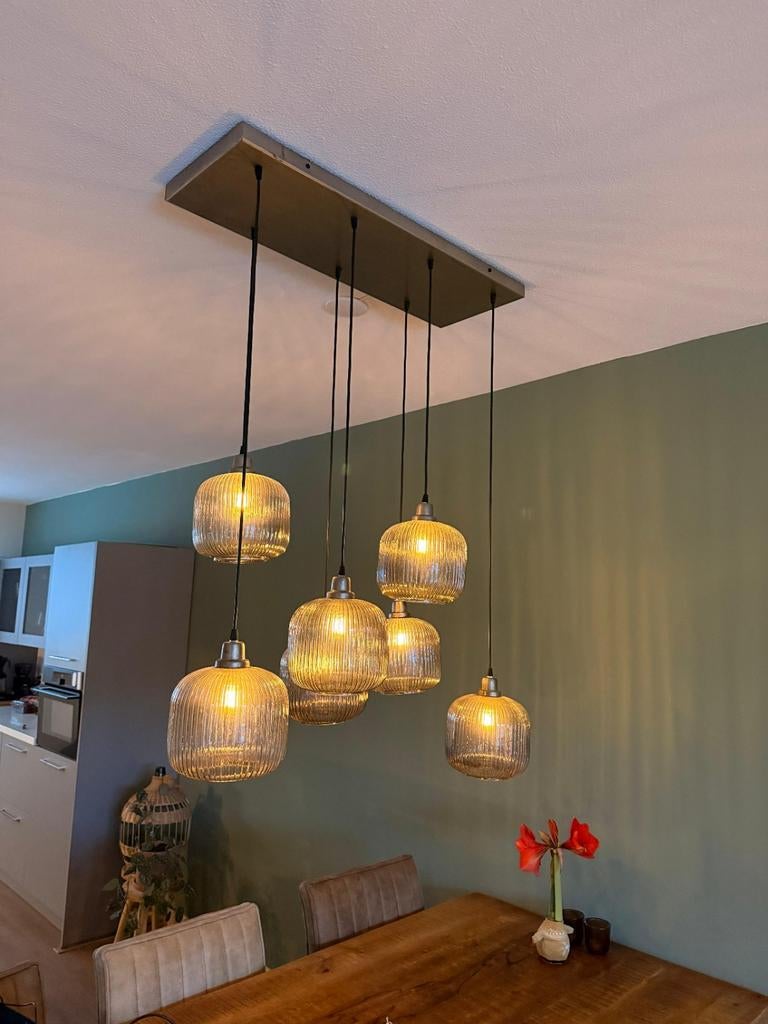 Hanglamp industriële look - smoke glass stripe 7 lampen, Huis en Inrichting, Lampen | Hanglampen, Ophalen, Gebruikt, Glas, 75 cm of meer