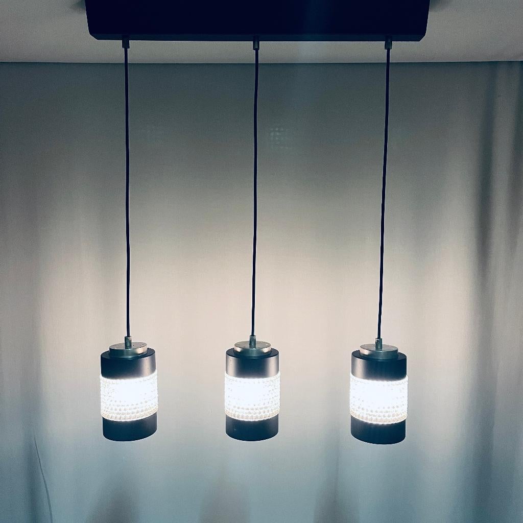 Hanglamp jaren 50 60 Deens kristal glas metaal en hout, Zo goed als nieuw, Vitrika, 75 cm of meer, Cosack