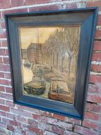 Schilderij stadsgracht met aangemeerde schepen., Antiek en Kunst, Ophalen of Verzenden