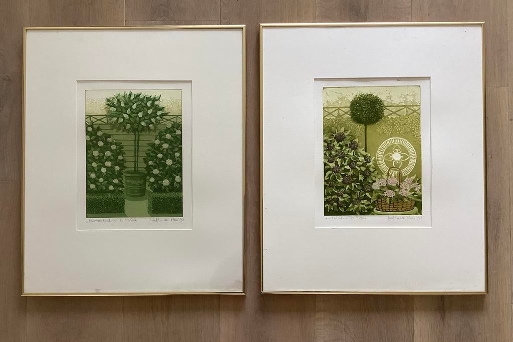 2 x Aquatint ets “Horstensia I en II” van Leatitia de Haas, Antiek en Kunst, Kunst | Etsen en Gravures, Ophalen of Verzenden