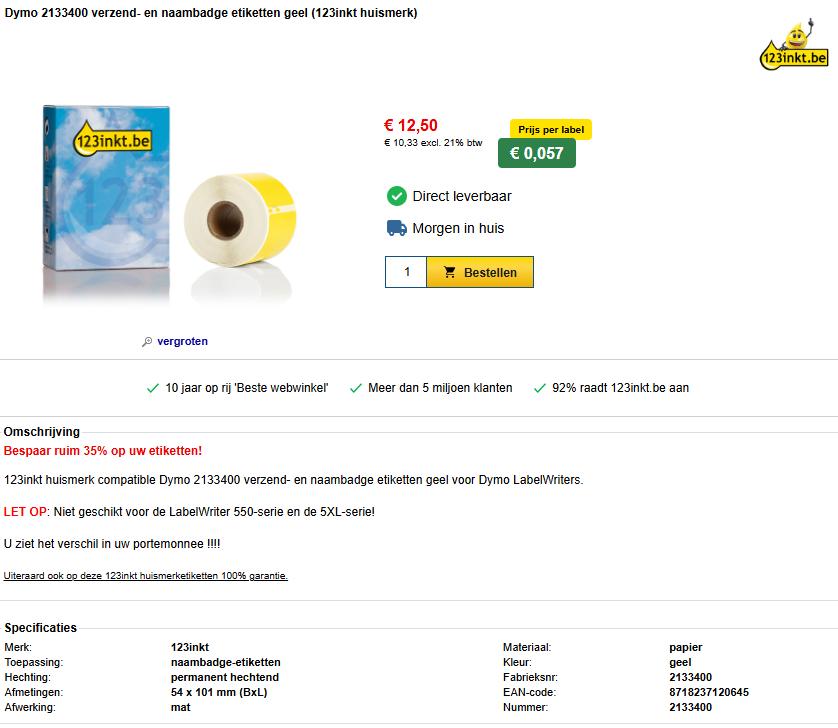 123inkt compatible Dymo 101x54/2133400 verzend/naam etiket, Dymo, Nieuw, Ophalen of Verzenden, Azerty