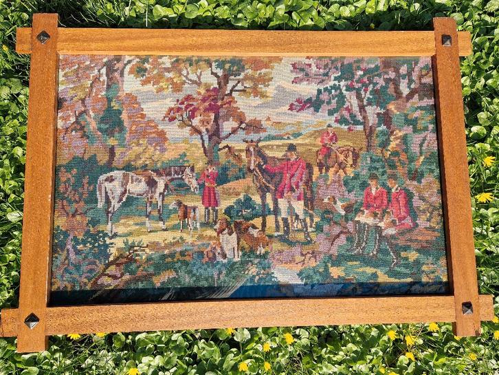 Groot Vintage Borduurwerk - Jachttafereel in Robuuste Lijst, Huis en Inrichting, Woonaccessoires | Schilderijen, Tekeningen en Foto's