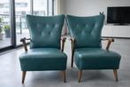 2 vintage Deense / Scandinavische fauteuils, jaren ’50, leer, Huis en Inrichting, Fauteuils, Ophalen, Gebruikt, 75 tot 100 cm