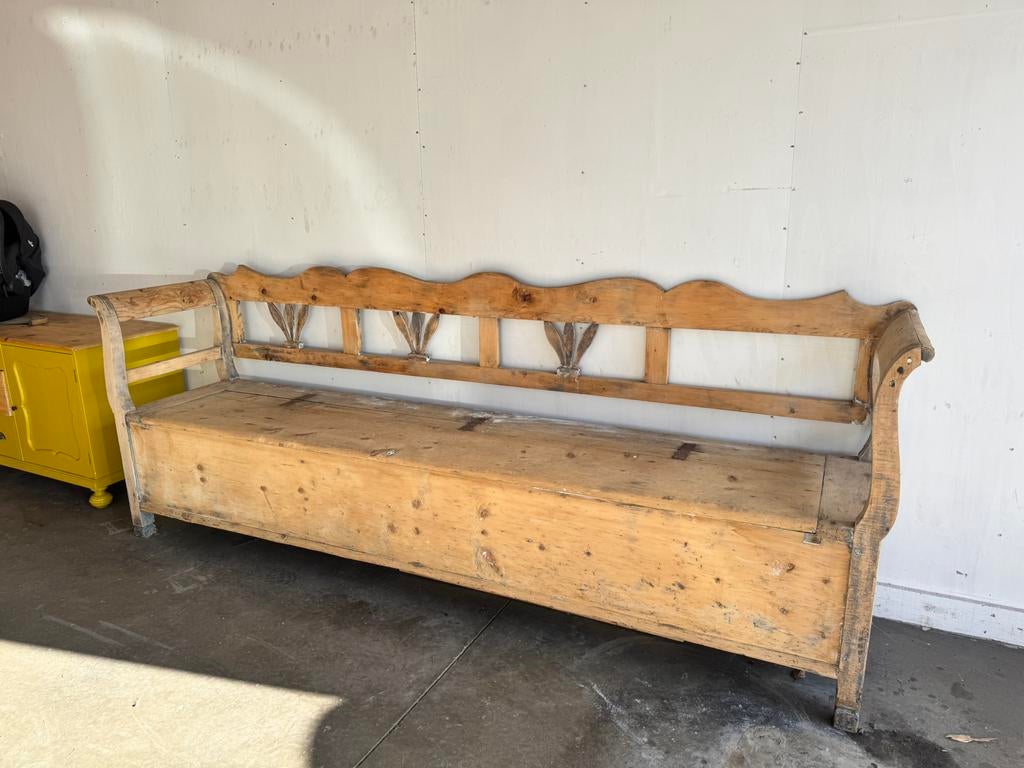 Prachtige antieke houten klepbank 2.5meter, Ophalen