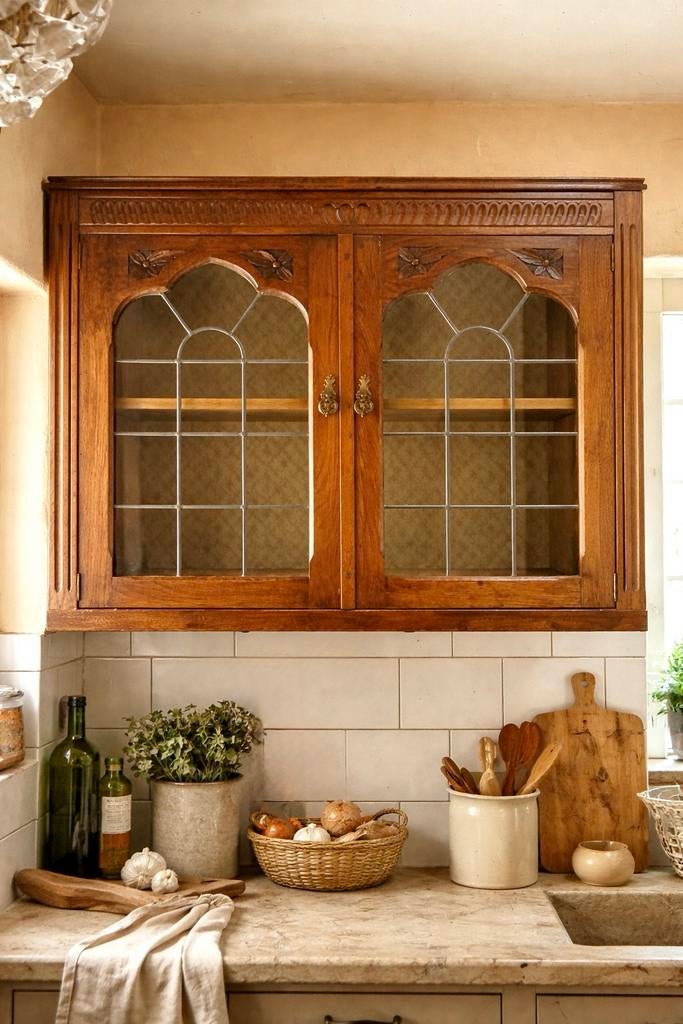 Antieke bovenkast franse keukenkast vitrine kast, Huis en Inrichting, Kasten | Vitrinekasten, Ophalen, 50 tot 100 cm, Minder dan 100 cm