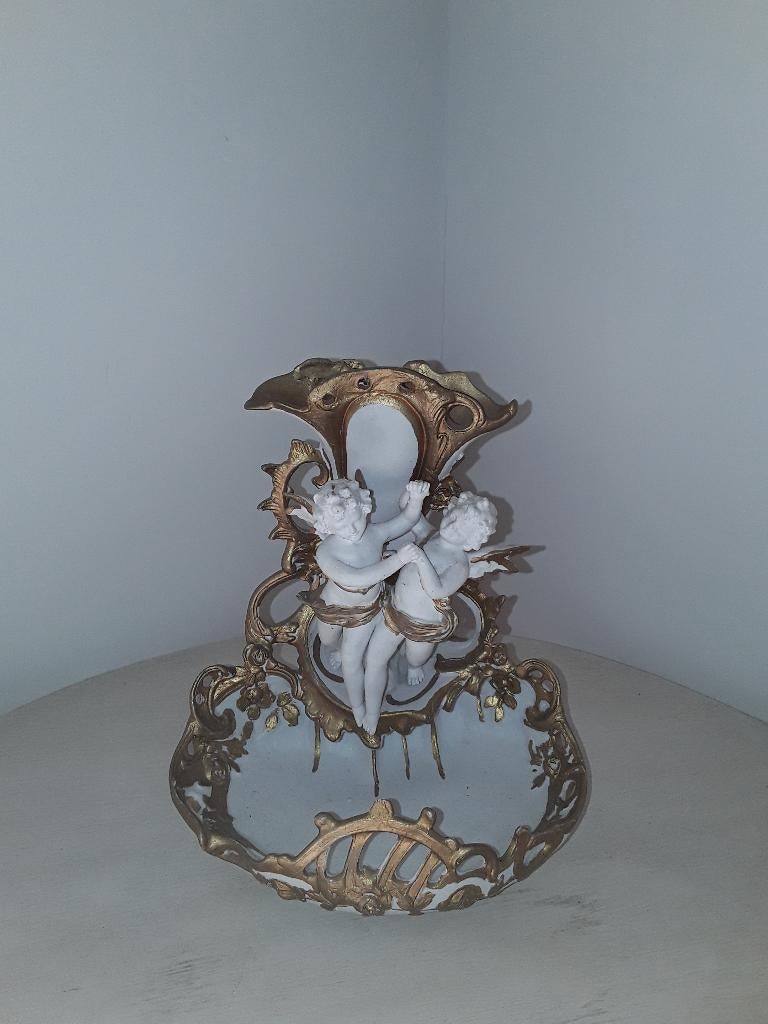 Antieke biscuit schaal incl vaas met engelen, Antiek en Kunst, Verzenden