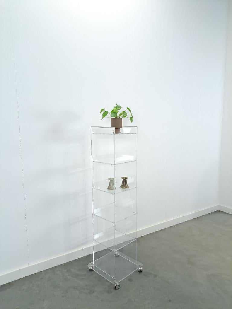 Plexiglas stellingkast opbergkast op wielen vintage, Met plank(en), Gebruikt, 100 tot 150 cm, Ophalen of Verzenden