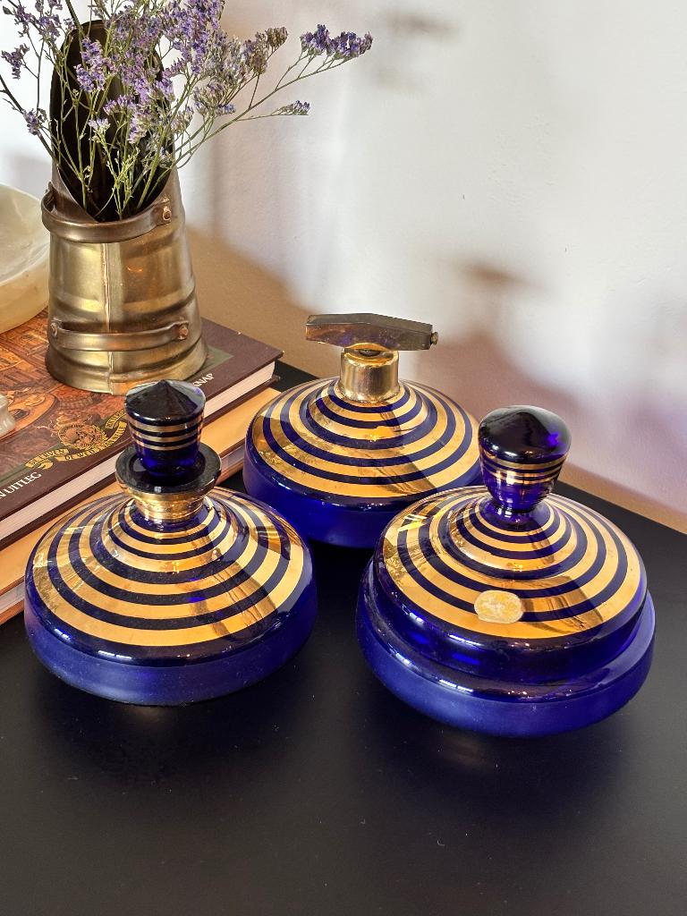 Vintage Boheems Glazen Parfumflesjes Kobaltblauw - set van 3, Ophalen of Verzenden