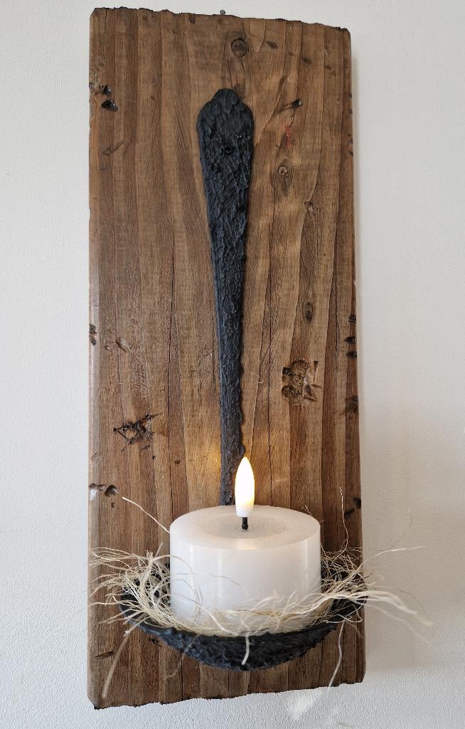 Nieuwe wandkandelaar hout + rvs met LED kaars *a, Huis en Inrichting, Woonaccessoires | Kandelaars en Kaarsen, 25 tot 50 cm, Nieuw