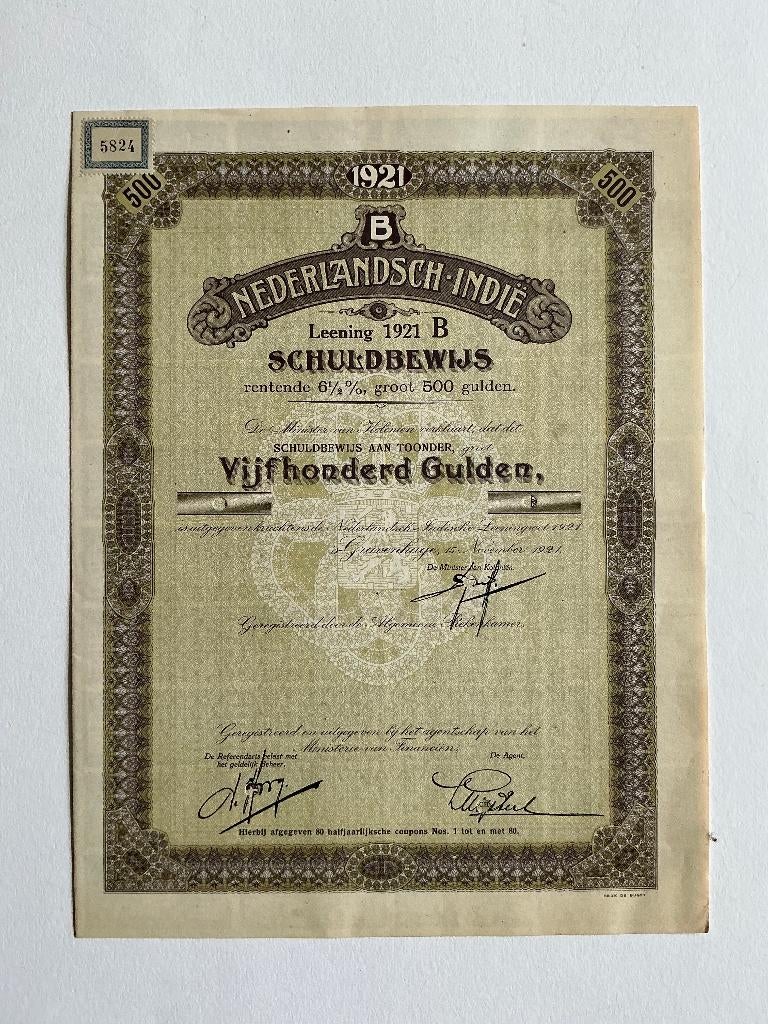 6½% Nederlands-Indië 1921B, 500 Gulden, Specimen, Postzegels en Munten, Aandelen en Waardepapieren, Ophalen of Verzenden, 1920 tot 1950