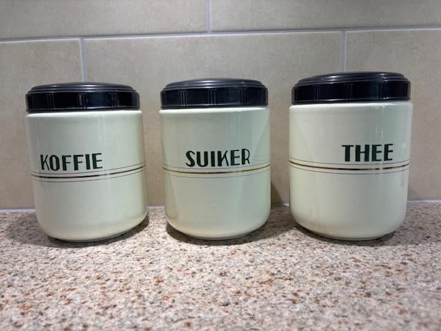 Emaille koffie, suiker, thee potten., Antiek en Kunst, Antiek | Emaille, Ophalen of Verzenden