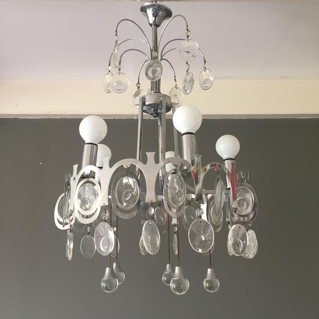 Vintage chroom en kristal kroonluchter Sciolari jaren 60 70, Boulanger, Glas, Kroonluchter, Ophalen of Verzenden