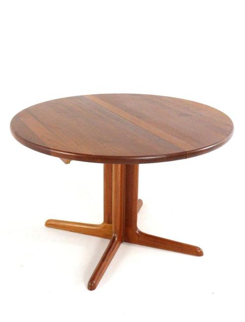Vintage ronde 2x verlengbare massief teak eettafel Deens, Huis en Inrichting, Tafels | Eettafels, 150 tot 200 cm, Vijf personen of meer