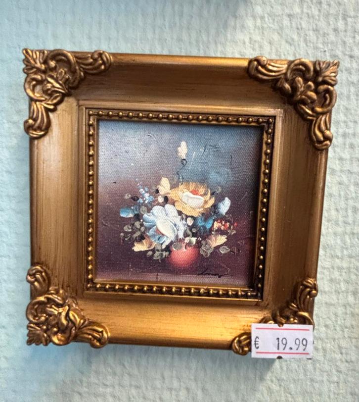 Mini Olieverf Schilderij Bloemen in Gouden Lijst, Antiek en Kunst, Kunst | Schilderijen | Klassiek, Ophalen