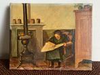 Klein schilderij van een oude vrouw die de krant leest, Antiek en Kunst, Ophalen of Verzenden