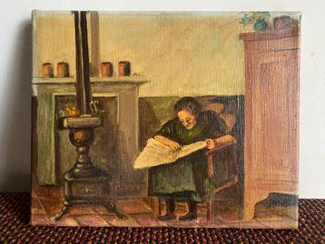 Klein schilderij van een oude vrouw die de krant leest beschikbaar voor biedingen
