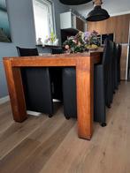 Houten Eettafel + 6 Zwarte Leren Stoelen, Huis en Inrichting, Tafels | Eettafels, Ophalen, Gebruikt, 200 cm of meer, 50 tot 100 cm