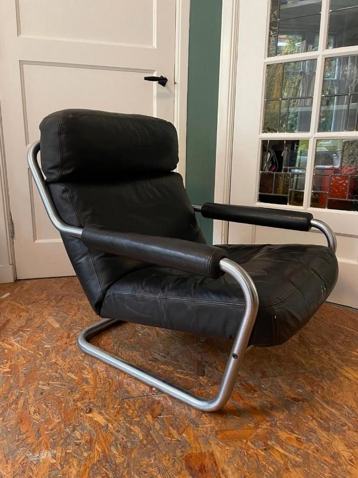 Gelderland 601 Meneer Oberman Fauteuil Design stoel, Huis en Inrichting, Fauteuils, Gebruikt, Leer, Metaal, 50 tot 75 cm, 75 tot 100 cm