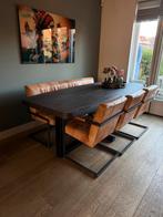 Cognac Buffelleer Eetkamerbank + 3 Stoelen, Ophalen, Gebruikt, 150 tot 200 cm, Minder dan 50 cm