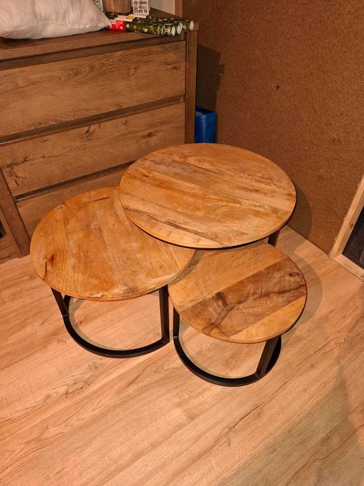 Mangohout salontafelset, Huis en Inrichting, Tafels | Salontafels, Minder dan 50 cm, 50 tot 100 cm, 50 tot 100 cm, Rond, Ophalen