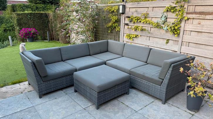 Hoek loungeset met hocker, Tuin en Terras, Tuinsets en Loungesets, Zo goed als nieuw, Loungeset, Wicker, 6 zitplaatsen, Bank, Ophalen