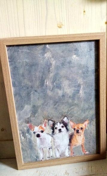 🐾 Handmade Chihuahua schilderij in houten lijst eiken teak beschikbaar voor biedingen