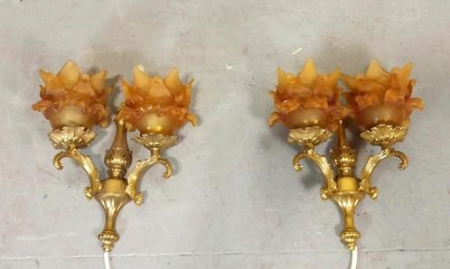Set van 2 antieke Frans Louis XV stijl wandlampen, Huis en Inrichting, Lampen | Wandlampen, Gebruikt, Glas, Metaal, Ophalen of Verzenden
