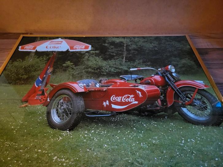 Coca Cola Motorfiets met Zijspan Poster, Verzamelen, Merken en Reclamevoorwerpen, Gebruikt, Reclamebord, Ophalen