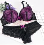 Zwart paarse BH en slip (sexy lingerie setje kanten cup A B), Verzenden, Setje