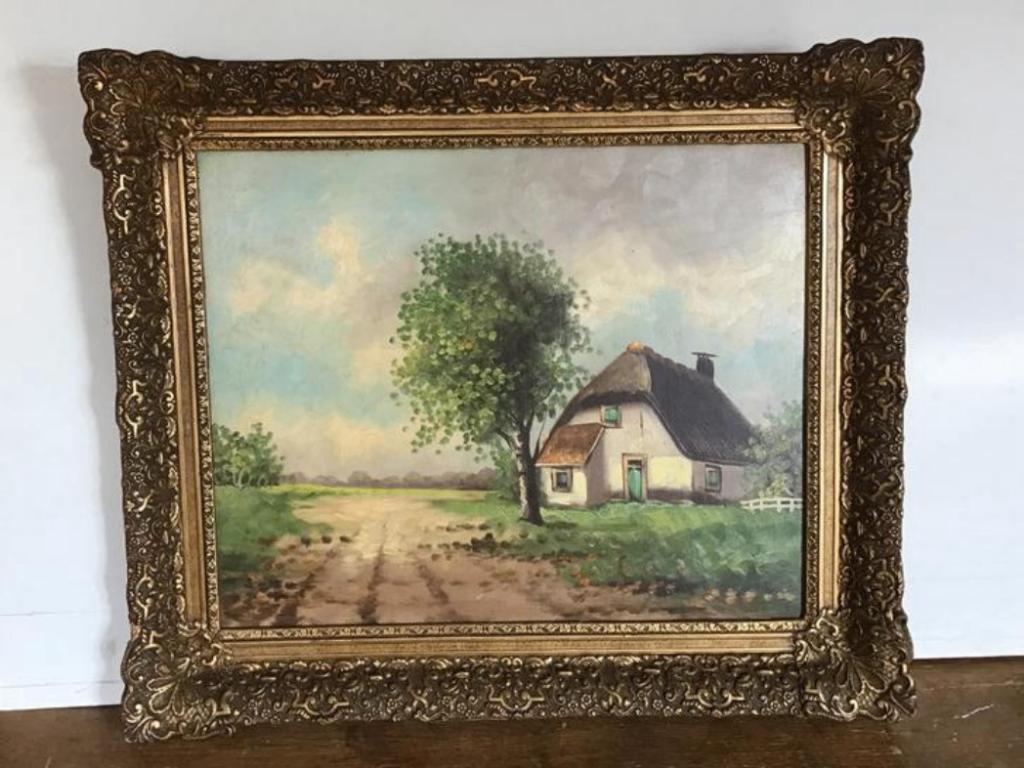 Schilderij boerderij met sierlijst, Antiek en Kunst, Kunst | Schilderijen | Klassiek, Ophalen