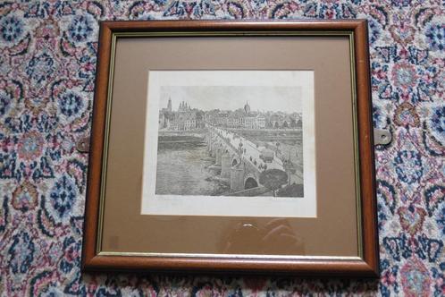 Antieke originele gravure Maasbrug Maastricht c.1900-1920, Antiek en Kunst, Kunst | Etsen en Gravures, Ophalen of Verzenden