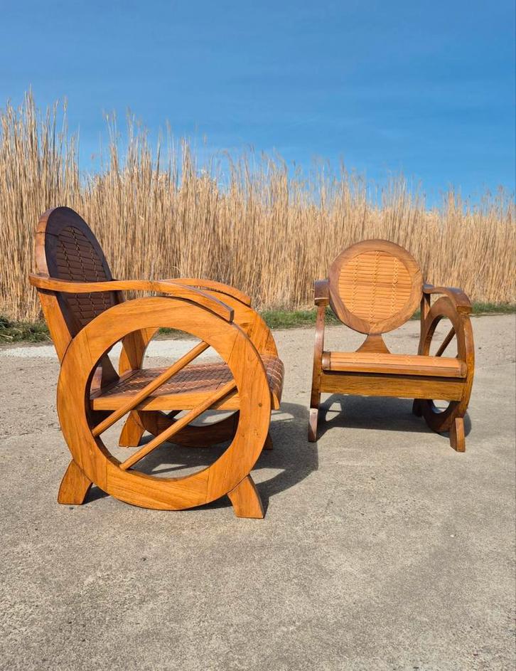 Set 2 vintage koloniaal teak bamboe stoel, Huis en Inrichting, Fauteuils, Gebruikt, Hout, Riet of Rotan, 50 tot 75 cm, Minder dan 75 cm