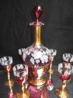 Murano wijn glazen en karaf goud kleurig met druiventrossen., Antiek en Kunst, Ophalen of Verzenden