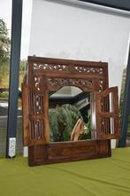 Indonesische teakhouten boho spiegel met 2 luiken, houtsnijw, Gebruikt, Vierkant, Ophalen of Verzenden, 75 tot 100 cm