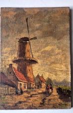 Schilderij, molen in dorpje, omstreeks 1900(?), Ophalen of Verzenden