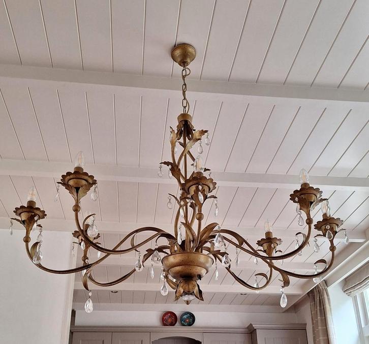 Stout kroonluchter 8 armige, halogeen, dimbaar, Huis en Inrichting, Lampen | Kroonluchters, Zo goed als nieuw, Glas, Metaal, Overige materialen