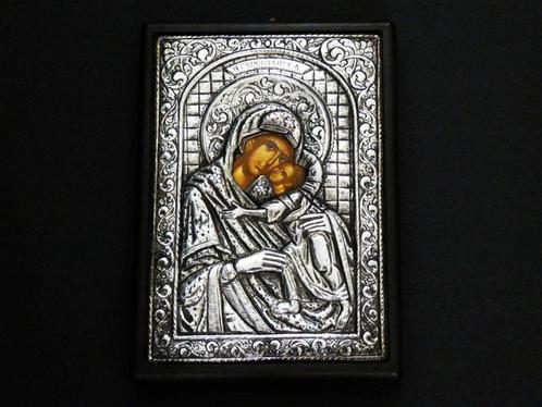Byzantijns Icoon met Jezus en Maria met 950 zilver riza, Antiek en Kunst, Antiek | Religie, Ophalen of Verzenden
